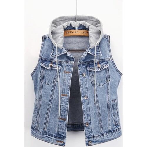 Plus size Short Denim Vest Women Detachable Hooded Coat Spring summer Side pockets Sleeveless Jeans Jacket Female Tops-5XL