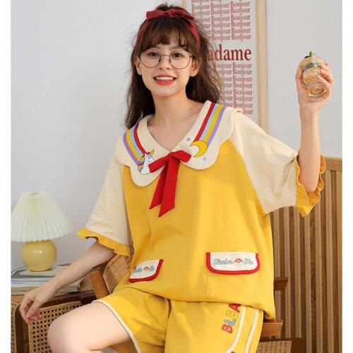 SLPBELY Sleepwear Womens Cartoon Dajamas Summer Pajama Sets Summer Short-Sleeved Shorts Cotton Sleeping Shirt Home Wear