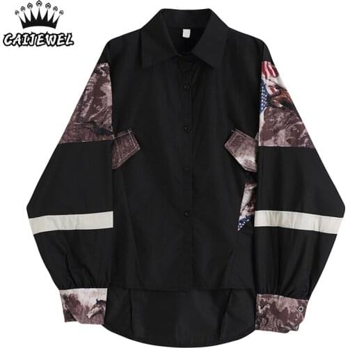 Women Shirt New 2021 Vintage Streetwear Printing Long Sleeve Polo Collar Baggy TOP Ladies Sense of Design Versatile Blouse Coat
