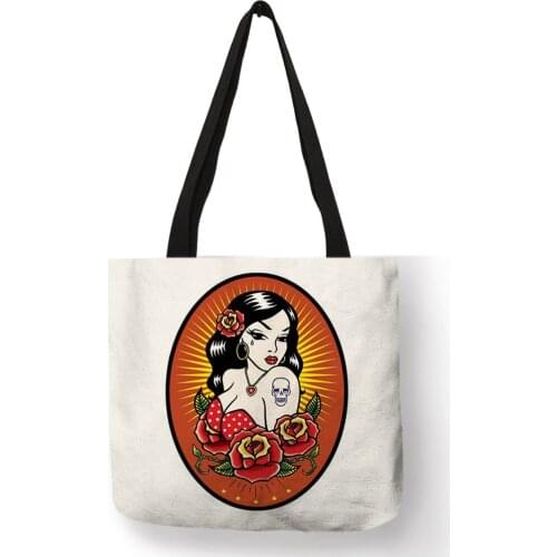 New Style Women Shoulder bags Tatoo Cool Girl Printed with Skull Eco Linen Practical Useful Handbag School Work