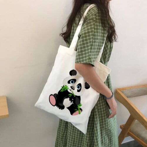 Women Shoulder Bags Reusable Eco Female Handbags Canvas Tote Bag Panda Cartoon Animal Print Ladies Shopping Travel Tote Bag