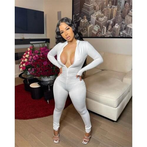 RMSFE 2021 Women Long Sleeve Stand Collar Zipper Fashion White Sexy Tight Solid Color Jumpsuit
