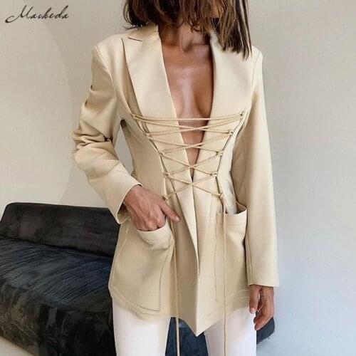 Macheda Autumn Fashion Solid Coat Women Sexy Long Sleeve Lace Up Deep V Neck Top Lady Casual Street Party Clothing 2020 New