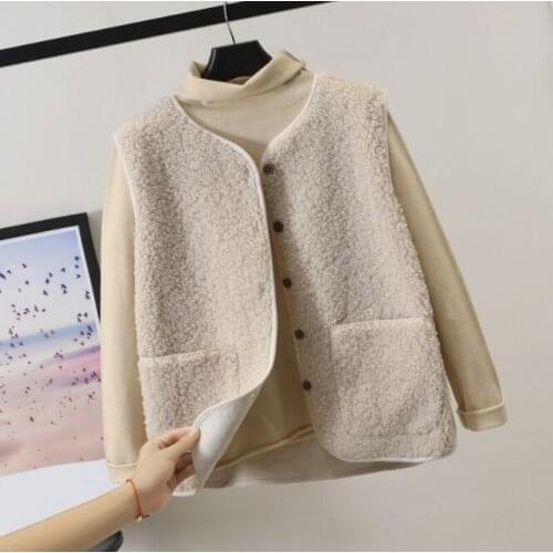 Beige Lamb Wool Fur Furry Plush Vest Women Sleeveless Down Coat Tops Casual Short Outwear Waistcoat Parkas Jacket Coats Cloth
