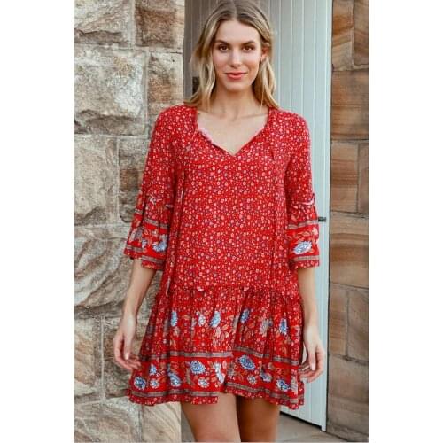 Happie Queens women tie neck ruffles floral print beach Bohemian mini dress Ladies Summer rayon cotton Boho shirt dress vestidos
