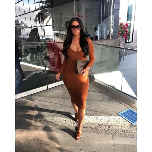 Summer Fashion Commuter Womens Coffee Brown Deep V Long-sleeved Tight-Fitting Knee-Length Dress