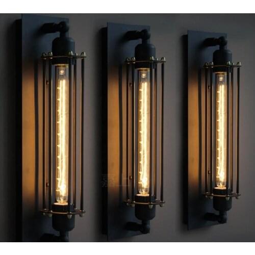 American Vintage Classical Wall Light Corridor Stair Retro Long Wall Lamp Black Iron Glass Bedside Square Wall Lamp