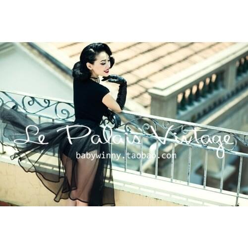 FREE SHIPPING Le Palais Vintage elegant and sexy all-match transparent black waisted fluffy dress set