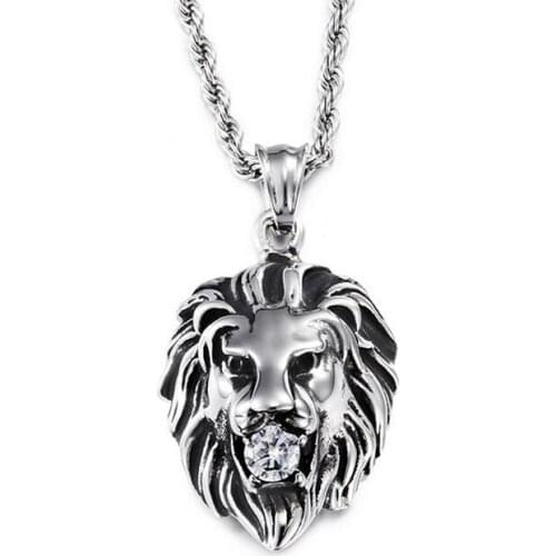 Gothic Hiphop Mens Crystals Stone Animal Jewelry Silver Color Stainless Steel Fashion Biker Lion Head Charm Pendant Necklace
