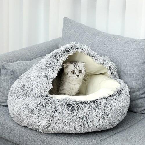 Pet Dog Cat Bed Round Plush Cat Warm Bed House Soft Long Plush Bed For Small Dogs For Cats Nest 2 In 1 Cat Bed