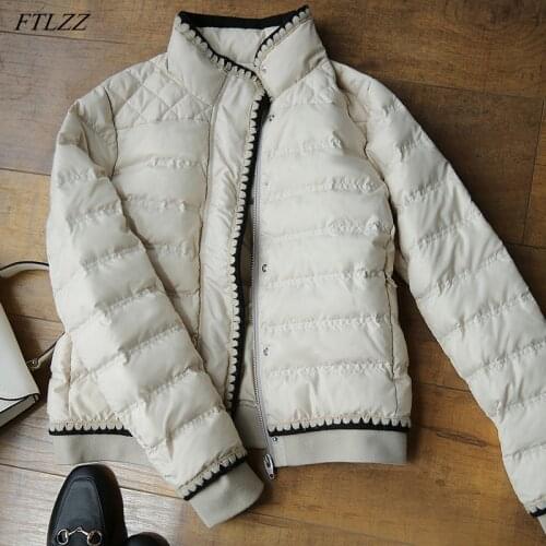 FTLZZ New Winter Women Jacket Stand Collar Zipper Lace Black Short Down Coat White Duck Down Thick Warm Snow Parka Outwear