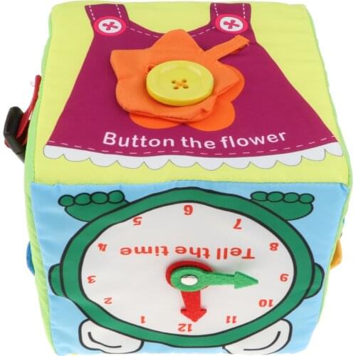 6 in 1 Soft Baby Cloth Cube , Learn to Dress for Babies Toddlers, Montessori Basic Life Skills Toy Zip, Snap, Buckle, Lace,Tie