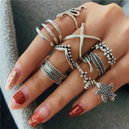 Bohemian Style Snake Star Rings Set For Women Fashion Antique Silver Color Knuckle Finger Rings Vintage Ring Jewelry 2021