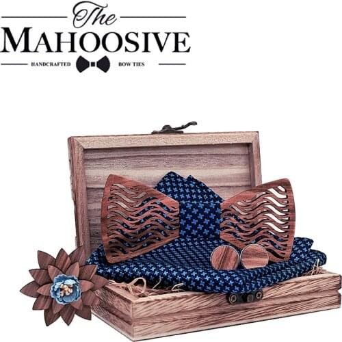 Mens Wood bow Tie Set Men Handkerchief wooden Bowtie Cufflinks Handkerchief Necktie Silk Ties Wedding Party Hombre with gift box