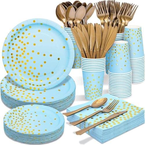 Blue Gold Disposable Party Tableware Set Blue Paper Plates Cups Plastic Forks Napkins Baby Shower Wedding Birthday Party Decor