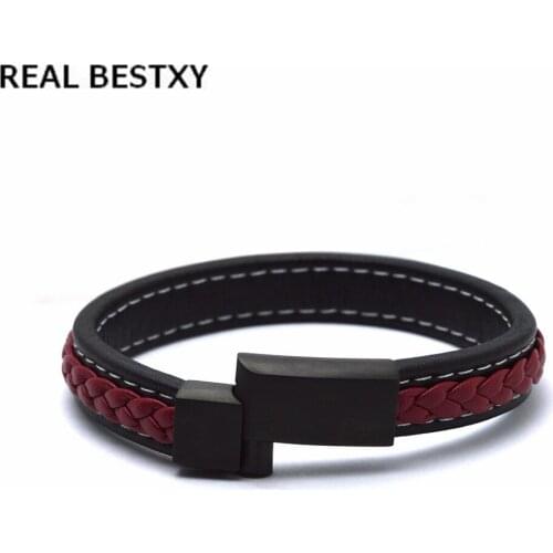 REAL BESTXY custom Logo Vintage Style Mens Leather Bracelets Handmade 2019 Fashion Jewelry Stainless Steel Magnet Clasp Men