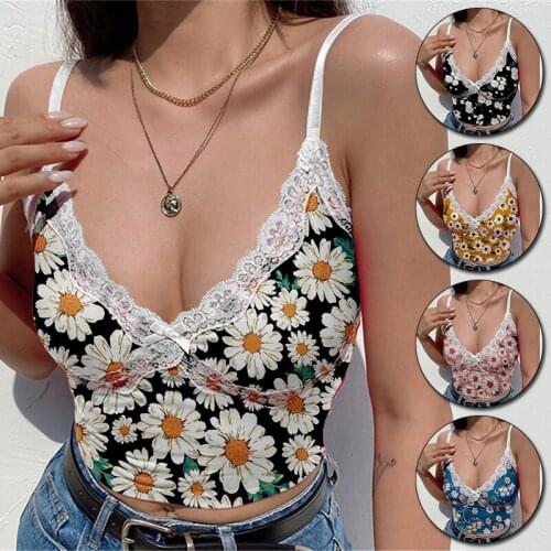 New Sexy Lace Crop Top Womens Summer Daisy Spaghetti Strap Tube Top Deep V-Neck Sleeveless Fitness Lingerie Bra Girl Bustier