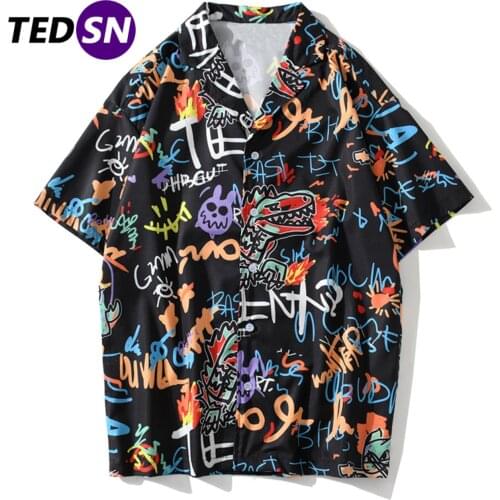 Cartoon Graffiti Print Hip Hop Beach Shirts Men Streetwear Hawaii Casual Short Sleeve Summer Loose Oversized Tops