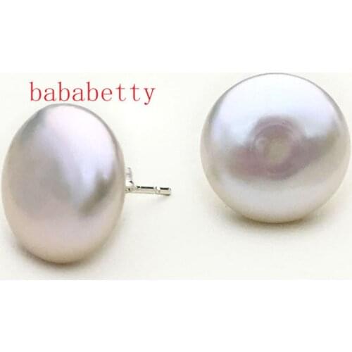 Simple elegant baroque white natural freshwater pearl button coin shape 13-14MM Tibetan silver stud earrings