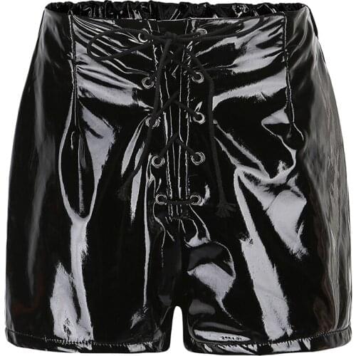 Sexy Lingerie Leather Erotic Latex Women Shorts Drawstring Front Bodysuit Plus Size High Waist Elastic Pants
