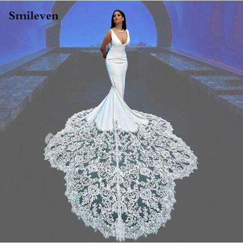 Smileven Satin New Arrival Mermaid Wedding Dress 2021 Lace Appliques Beach Bridal Gowns Sexy V Neck Wedding Gowns