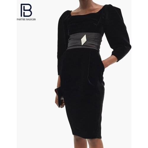 PB Stylish Black Mini Dress Elegant Daimond Pin Design O Neck Celebrity Party Club Velvet Vestido Free Shipping