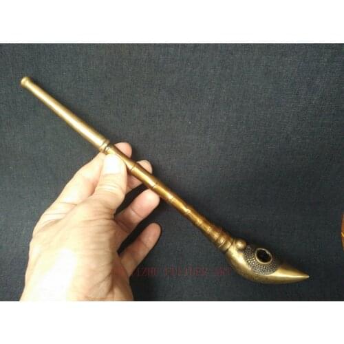 YIZHU CULTUER ART Collected Old China Tibet Bronze Handmade Carving Dragon Phoenix Pipe Family Decoration Gift