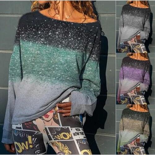 Casual Loose Women T-shirts Autumn New Gradient Patchwork Long Sleeve Streetwear Tops Tees 5XL