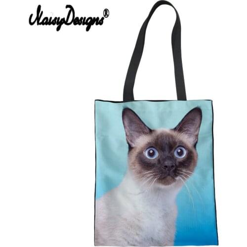 NoisyDesigns New Women Siamese Cat Print Tote Bag Reusable Sac Shopping Pliable Tissu Books Trip Bag Handbag Folding Grocery Bag
