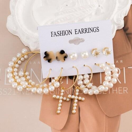 BFH Womens Earrings Korean Pearl Earrings Set for Women Vintage Pearl Hoop Cross Gold Color Earring 2021 Trend Female Jewelry