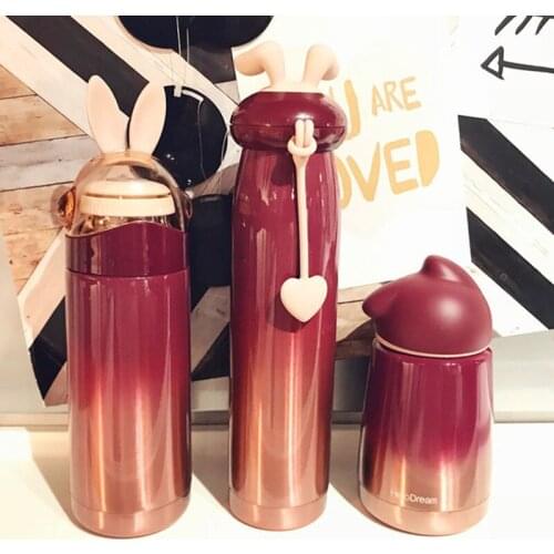 1pcs Stainless Steel Coffee Tea Thermos Mug Rabbit Bear Ear Gradient Color Thermal Bottle Thermocup Travel Drink Bottle