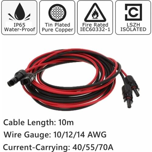 10m 2.5mm 4mm 6mm PVC Insulated Electrical PV Connector Cables Solar Panel Connect Back 30ft 10AWG 12AWG 14AWG