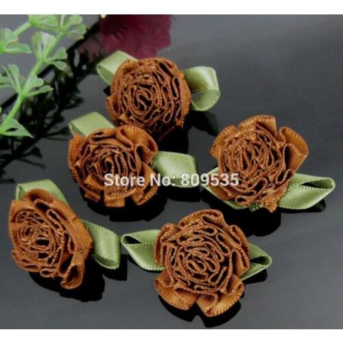 30pcs Handmade 1" Coffee Satin Carnation Flowers Satin leaf ribbon Appliques For Sewing Wedding Hair Accessories 2.5cm