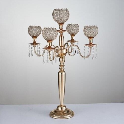 80cm/31.5" Metal Candle Holders 5-arms Gold/ Silver Candelabras Crystal Candlesticks For Wedding Centerpieces 10 PCS / Lot