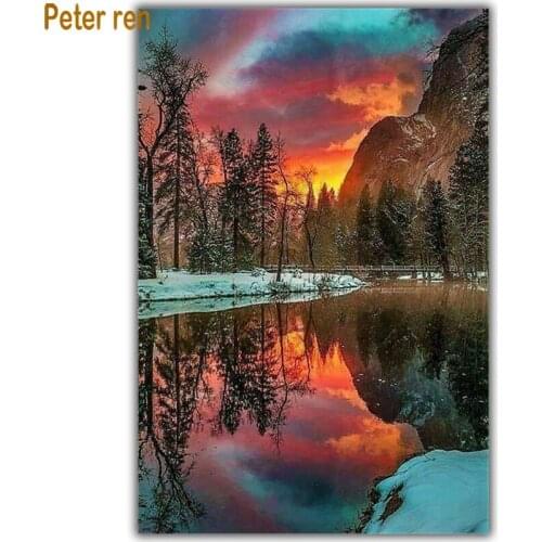 Diamond painting cross stitch diamond embroidery landscape Square/Round diamond Mosaic Rhinestone Snowy mountain cliff sunsetred