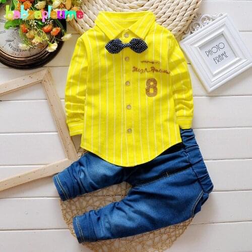 Babzapleume Spring Autumn Baby Boys Suits Casual Fashion Stripe Bow Shirt+Jeans Korean Kids Clothes Children Clothing Set BC1219