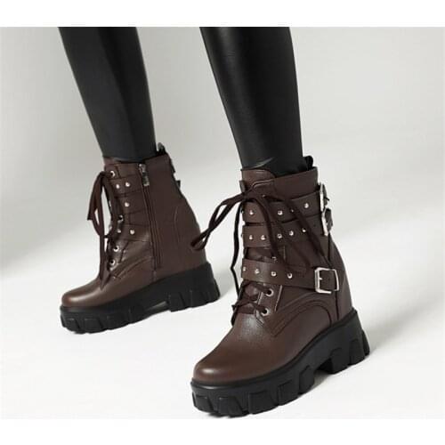 PXELENA Hidden Wedge High Heel Platform Gothic Combat Boots Women Rivet Buckle Thick Sole Platform Creepers Punk Gothic Shoes 43