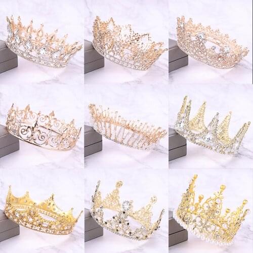 New Arrival Gold Crystal Tiara And Crowns Queen King Round Crown Wedding Bridal Hair Accessories Women Baroque Hair Jewelry