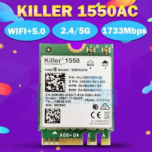 For Killer 1550 Intel 9260 9260NGW NGFF 1730Mbps WiFi + Bluetooth 5.0 802.11ac Card