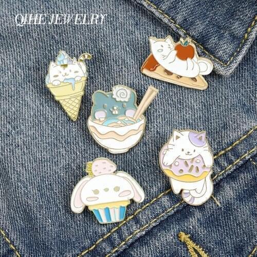 Cartoon Animal Food Enamel Lapel Pins Cat ice cream Donuts Brooches Badges Fashion Cute Pins Gifts for Friends Jewelry Wholesale