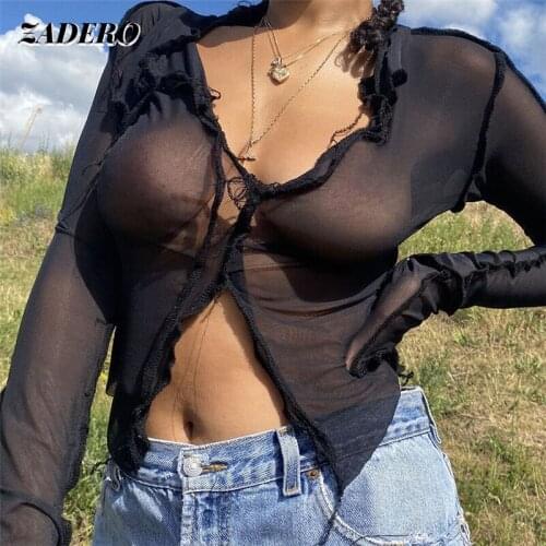 Sexy Women T Shirt See Through Transparent Mesh Tops Long Sleeve Sheer V-neck Fashion Streetwear Clubwear Casual Y2k Aesthetic