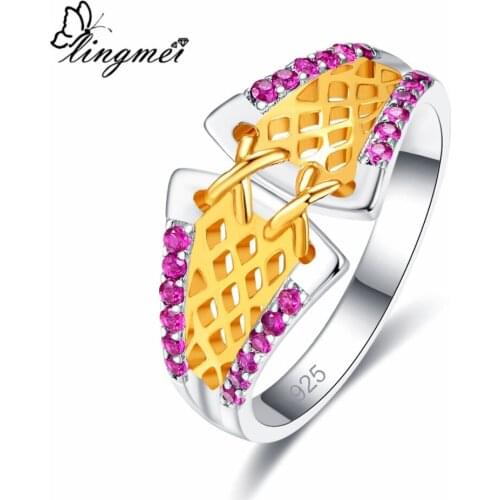 Lingmei Wedding Band Luxury Unisex Fashion Jewelry Round Cut Red & White CZ Silver & Gold Color Ring Size 6 7 8 9 Women Jewelry