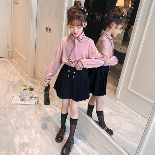 Spring And Autumn Girls Fashion Suit Tie Button Pink Lapel Shirt + Black Pleated Skirt Girls School Uniform 4 6 8 10 12 13 Years