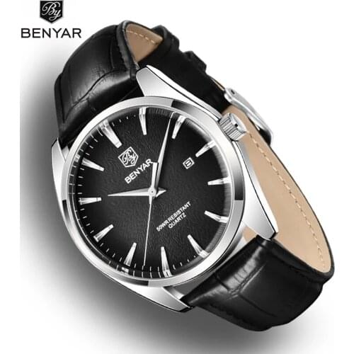 2021 New BENYAR Mens Quartz Wristwatches Top Brand Automatic Date Waterproof Business Leather Strap Luxury Male Watch 41MM Dial