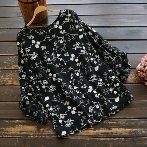 5091 new autumn women shirt Japan Style mori girl O-Neck cotton pullover top flower embroidery shirt Long Blouse Literary