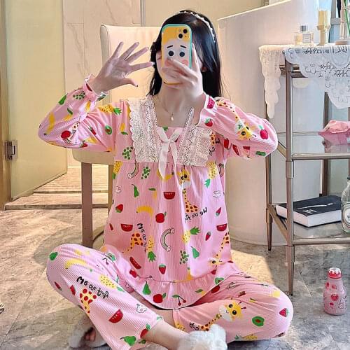 WAVMIT New Women Pyjamas Cotton Cute Long Tops Set Lace Young Girl Pajamas Sets NightSuit Girl Sleepwear Sets Women Home Wear