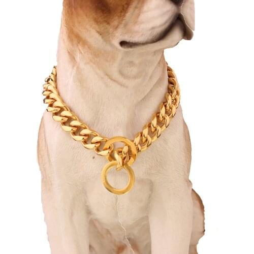 12/15mm Adjustable Daily Training Dog Collar Necklace Stainless Steel Gold Color Cuban Curb Chain Lifetime Durable 12-34inch