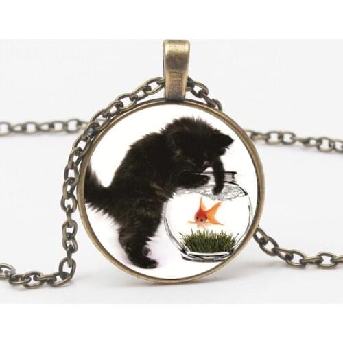Cute Fairy Cat and Fish Logo Pendant Necklace Glass Dome Cartoon Pattern Pendant Long Chain Men and Women Choker Souvenir Gifts