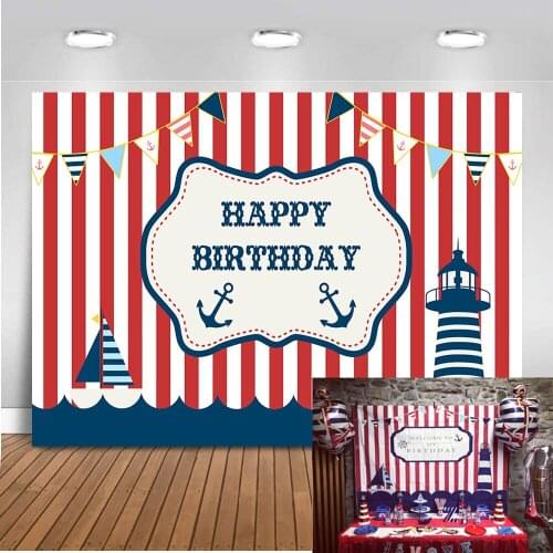 Pirate Theme Birthday Photography Backdrop Anchor Sailing Adventure Boy Birthday Party Background Red and White Stripes Bunting