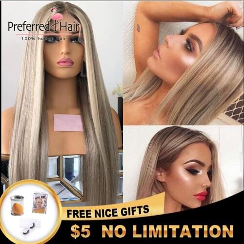 Preferred Ash Blonde Highlight Wig Pre Plucked Piano Straight Lace Front Wig Brazilian Remy Lace Front Human Hair Wigs for Women